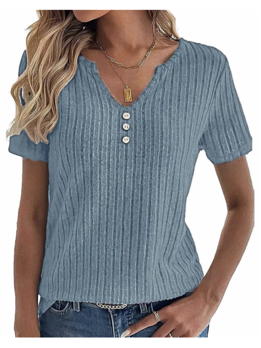 Flamingals V Neck Short Sleeve Shirts for Women Rib Knit Button Front S